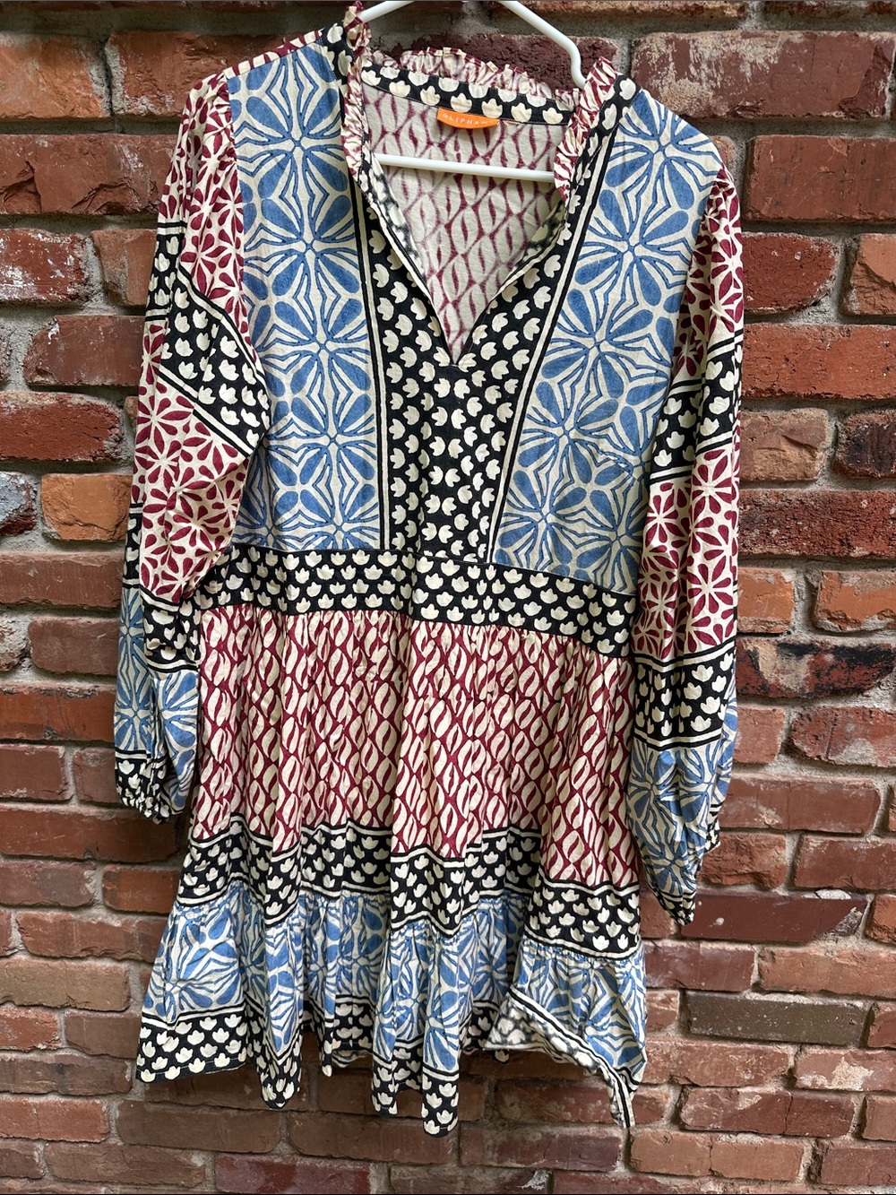 Oliphant Mixed-Print Long Sleeve Tiered Dress in Blue, Red & Black